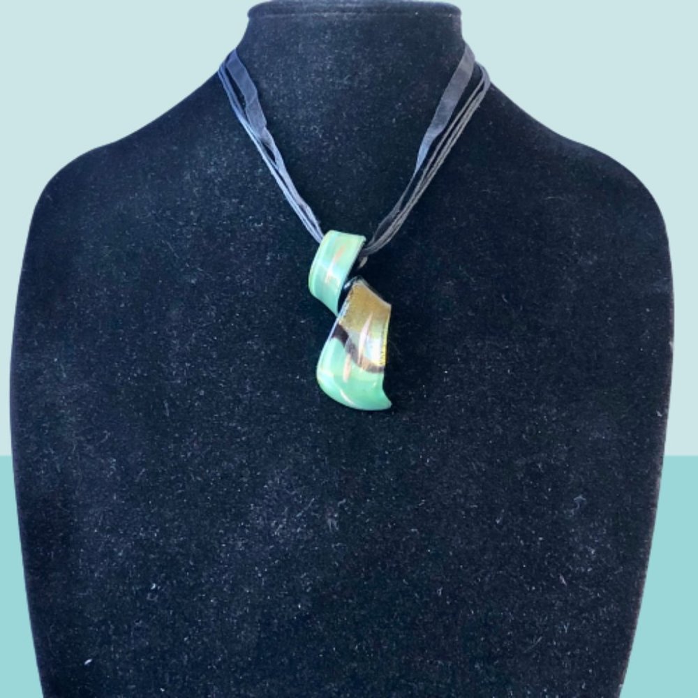 Art Glass Hand Blown Pendant Murano-Style on Ribbon Cord Necklace